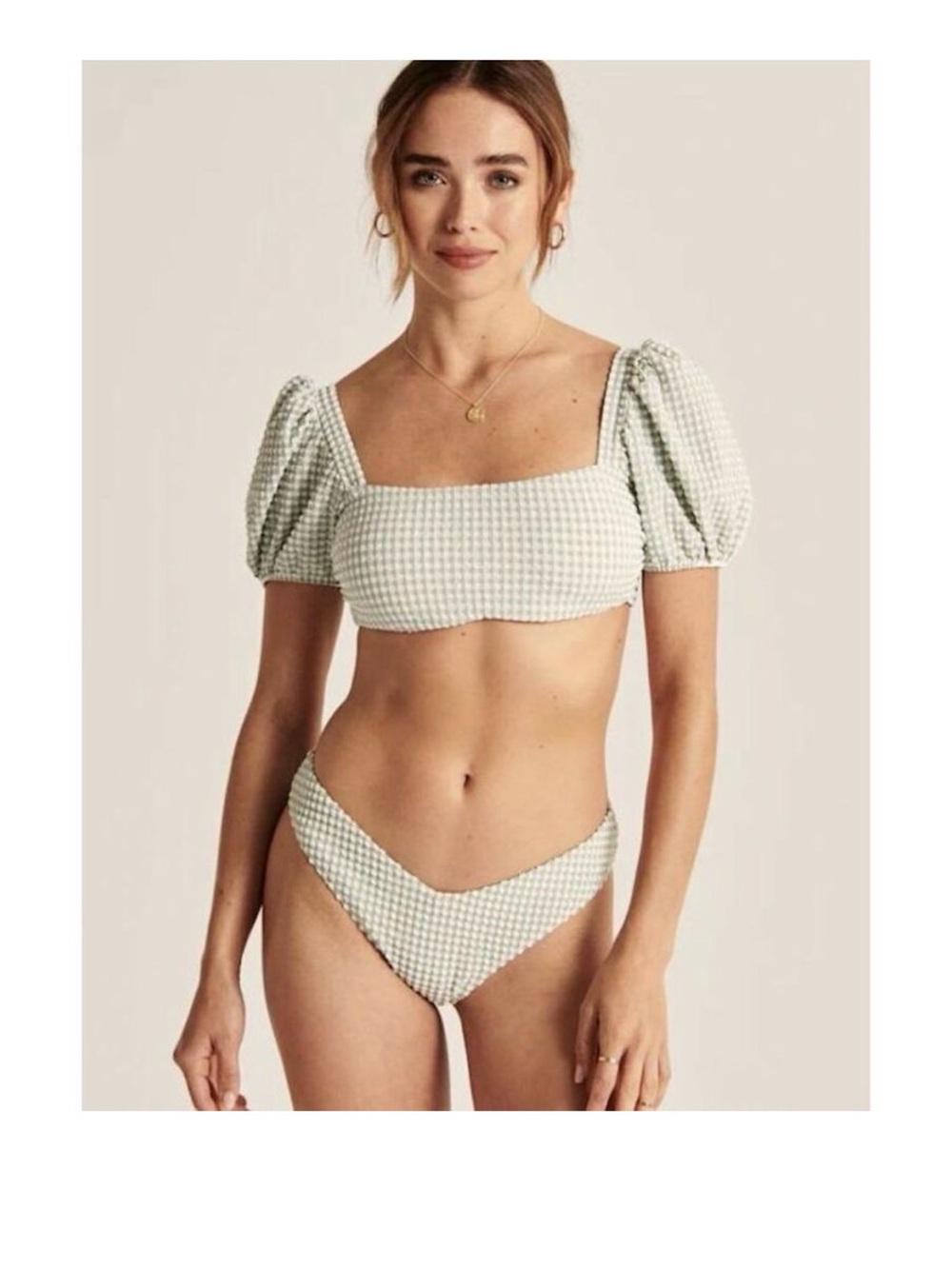 Abercrombie L & XL Swim Seersucker Gingham Puff Sleeve Bralette and High Leg Che
